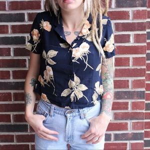 Vintage 80s Navy Blue Floral Print Button Blouse